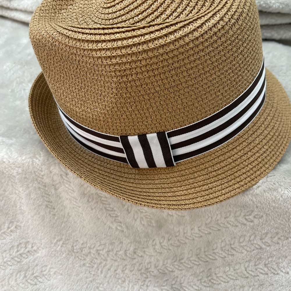 Tan Straw Hat with Striped Band - Picture 8 of 9